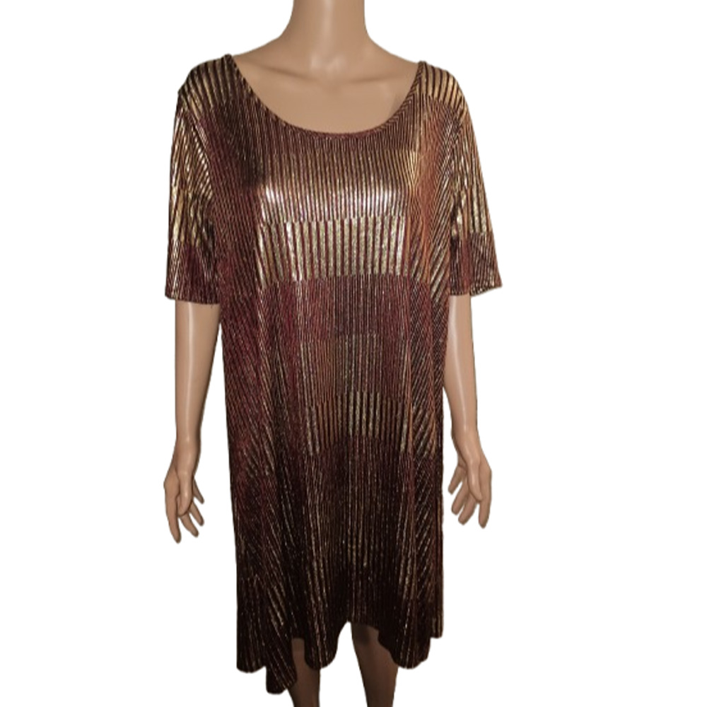 Espresso Metallic Gold Brown Striped Dress Size 2X W011